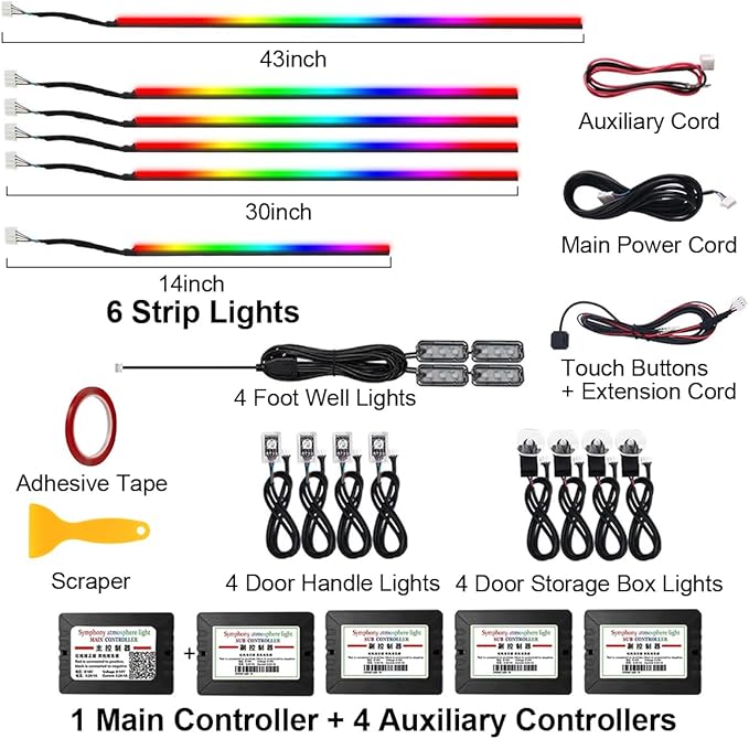 Dreamcolor Acrylic Interior Car Light with Wireless APP, RGB 18 in 1 Car Ambient Lighting Kits with 175 inches 600 LEDs, 16 Million Colors Sound Activated Car Neon Lights