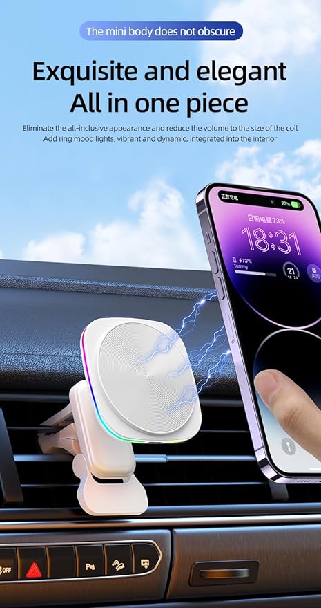 Car Phone Mount – 15W Magnetic Wireless Charger for 12-15 Series, Reliable and Efficient Wireless Charging Phone Holder (White with RGB Light)