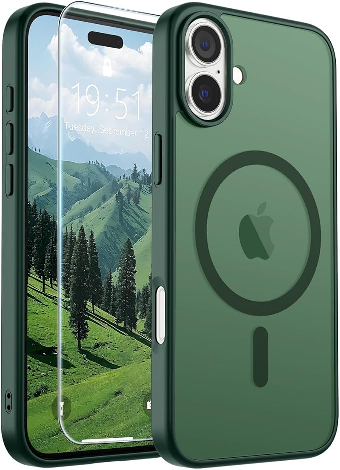 SUPFINE Magnetic for iPhone 16 Plus Case (Compatible with MagSafe) (Military Grade Drop Protection) Slim Translucent Matte Shockproof with Anti-Fingerprint Phone Case,Forest Green