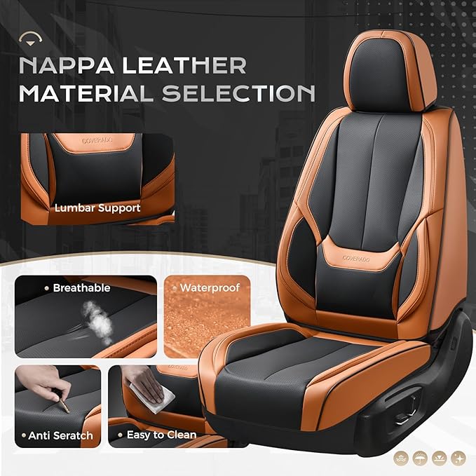 Coverado Seat Covers, Car Seat Covers Full Set, Leather Seat Covers for Cars, Car Seat Protector, Black Car Seat Covers Front Seats and Back Seats Universal Fit for Most Cars Brown-Black