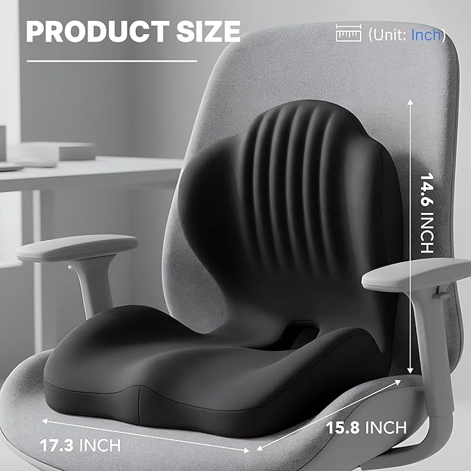 Ergonomic Seat Cushion, Office Chair Seat Cushions with L-Shaped Design, Memory Foam Orthopedic Cushion with Coccyx Hollow, Lumbar Support & Tailbone Pain Relief for Car, Truck, Gaming Chair (Black)