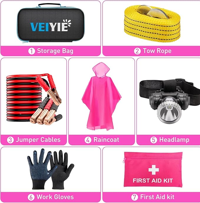 Car Roadside Emergency Kit with Jumper Cables, Car First Aid Kit Emergency Kit for Vehicles, Car Safety Roadside Assistance Kit Headlamp, Tow Straps, Gloves, Essential Car Accessories for Men, Women