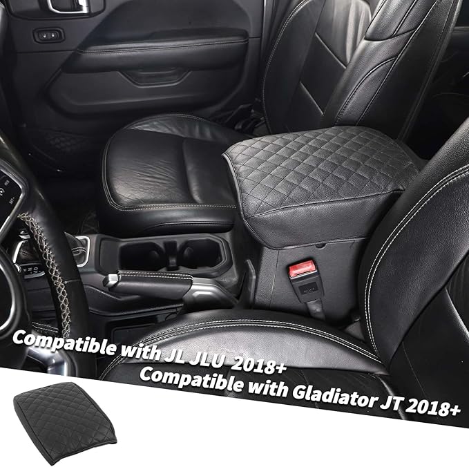 Jimen for JL Armrest Cover, Leather Auto Center Console Cover Arm Rest Cushion Pad Compatible with Jeep Wrangler JL JLU & Jeep Gladiator JT 2018-2024 (Black)