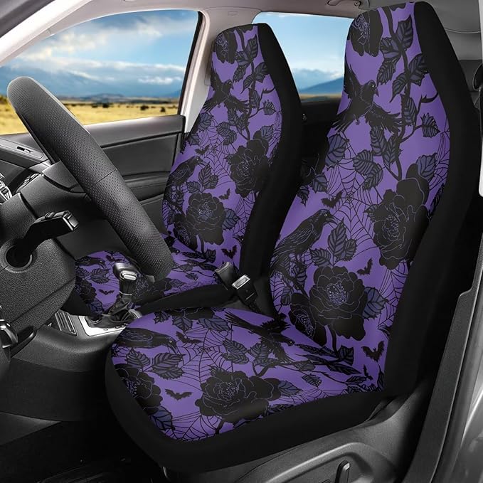 Halloween Crow Car Seat Covers Breathable Front Seat Cover Soft Anti-Slip Back Fabric Auto Interior Accessories All-Season Protection Universal Vehicle Accessories