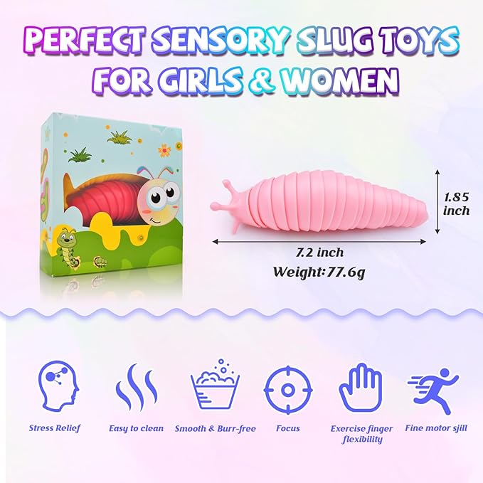 Cevioce Fidget Slug Stress Relief Toy Sensory Fidget Slug Toy Fidget Toys for Kids Girls Women 3Pcs Cute Autism Sensory Toys for Autistic Children Easter Basket Stuffers Gifts for Toddler Girls Boys