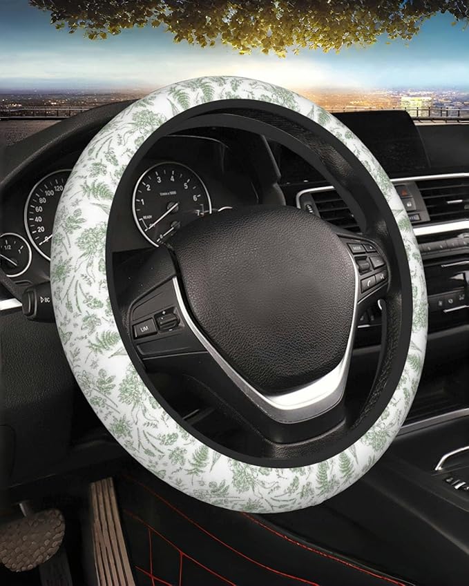 Steering Wheel Cover Accessories Neoprene Cover, Breathable Non-Slip Easy to Install Suitable for Women Men, 14.5-15.5 Inch for Car SUV Van Truck Universal - Green Plants