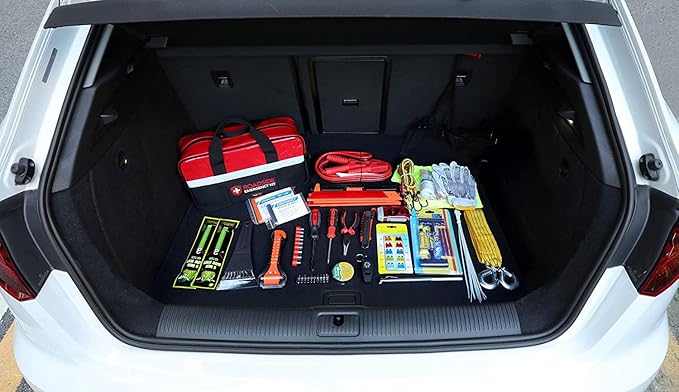 Kitgo Car Emergency Kit,Premium Roadside Assistance Essentials with Jumper Cables, Flashlight, Shovel, Screwdriver Set - Ideal Auto Road Safety Kit, Survival, Truck, RV and More Gift for Father (Red)