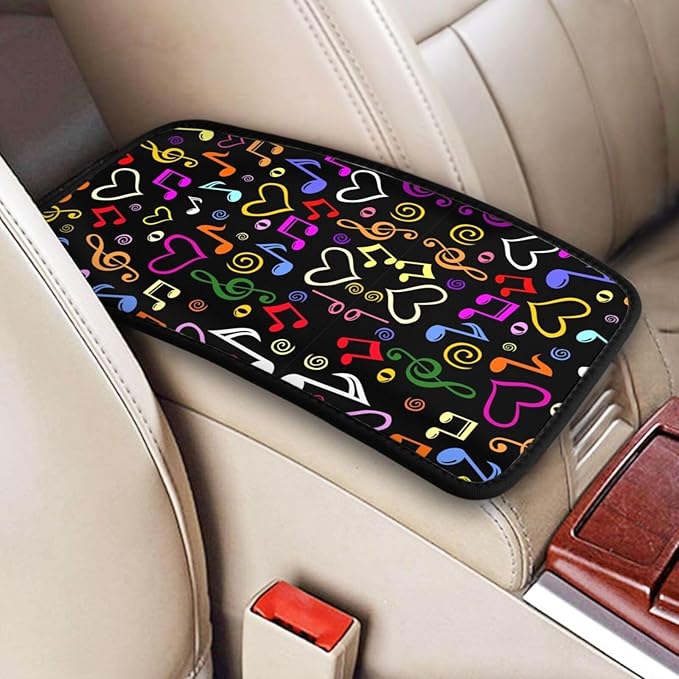 Car Armrest Cover Auto Center Console Pad Arm Rest Cushion Soft Car Accessories Universal for Most Vehicle (Musical Notes Pattern Design)