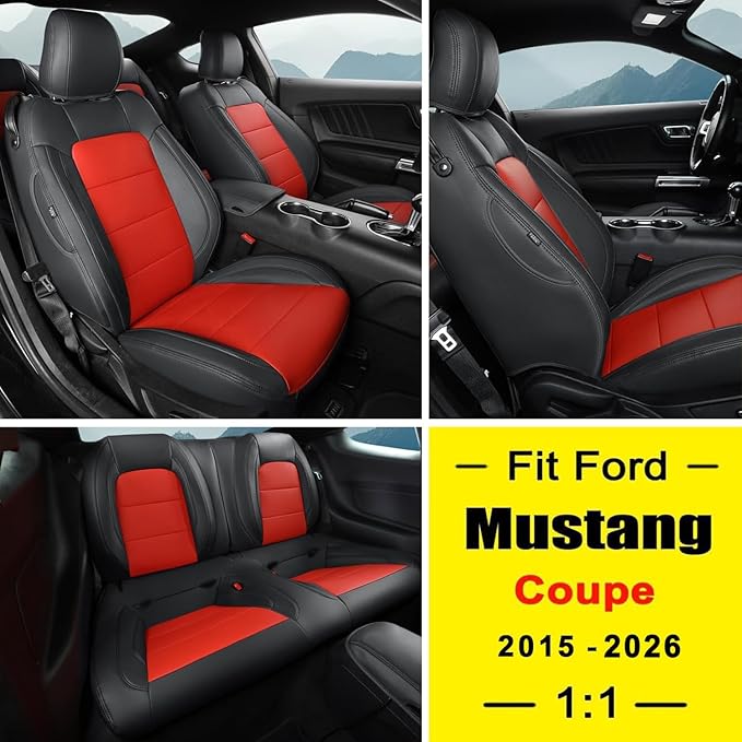 GIANT PANDA Customized Full Set Car Seat Covers Fit Ford Mustang Coupe Hardtop 2015 2016 2017 2018 2019 2020 2021 2022 2023 2024 2025 2026- (Black+Red)