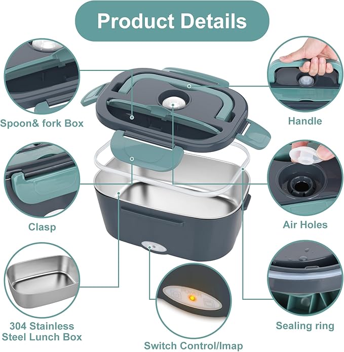 Electric Lunch Box Food Heater, 3 in 1 Ultra Quick Heated Lunch Boxes for Adults, 12V/24V/110V Portable Food Warmer for Car/Truck/Office With Fork Spoon and Insulated Carry Bag