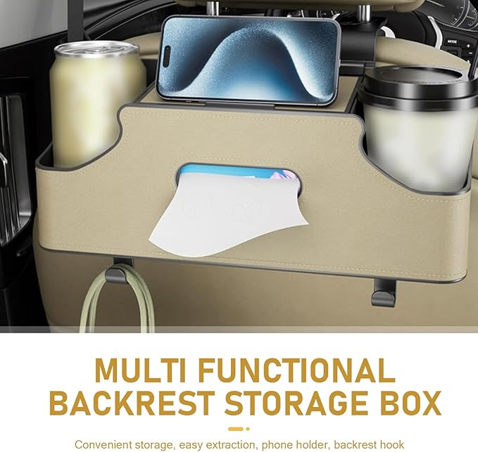 Car Seat Back Organizer, Multi-functional Storage Box for Tissue Water Cup Phone Umbrella Bag, Strong Load-bearing 2 Hooks 2 Drink Cup Holders, Universal Hanging Interior for Cars (Beige)