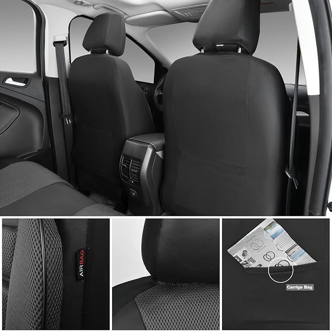 CAR PASS Leather 3D Foam Back Support Car Seat Covers Full Set Air Mesh Automotive Seat Covers, All Season Car Seat Cover Fit Automotive,SUV,Sedan,Van, Airbag Compatible Elegance (Black Charcoal Gray)