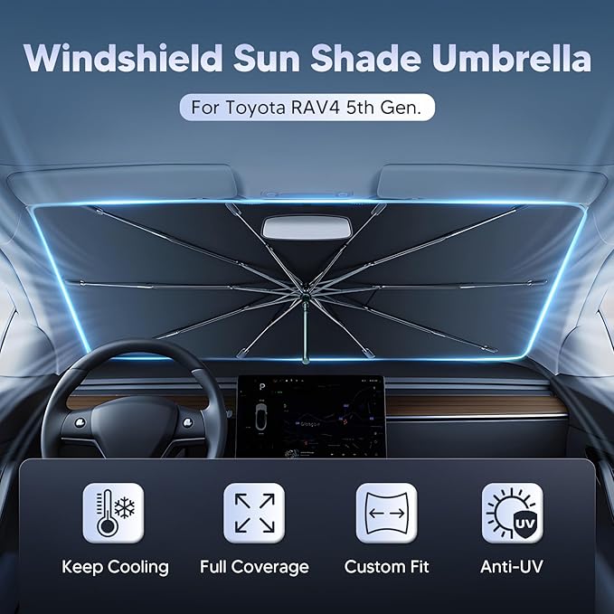 Autorder Windshield Sun Shade Umbrella for 2019-2025 Toyota RAV4 Accessories,Upgraded Ice Crystal Material,Easy Setup Umbrella Sunshade for Car Windshield,100% Sun Blocking