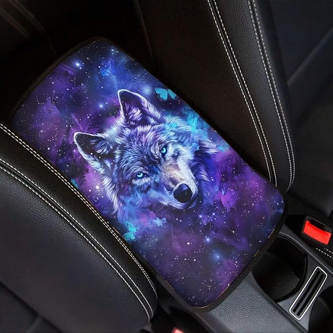 Dreaweet Car Armrest Cover Pad Soft Center Console Cover Galaxy Wolf Car Accessories for Men Boys,Universal Armrest Cover for Car Truck SUV Sedan
