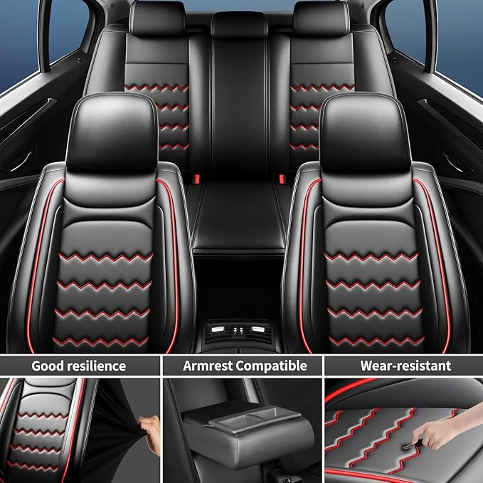 CX-70 Car Seat Covers Fit for Mazda CX-70 2025-2026, Full Coverage Premium Leather Waterproof Breathable Seat Covers, Automotive Seat Protectors, Airbag Compatible(Full Set Seats, Black & Red)