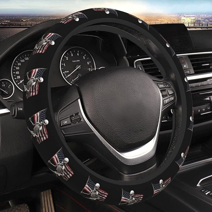 Ouqiuwa Skull and US Flag Steering Wheel Cover Women, Comfortable Elastic Steering Car Wheel Cover Fit 15 inches Universal Accessories Suvs Trucks Decor
