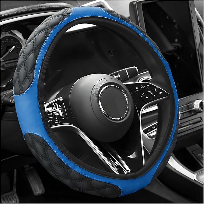 Car Steering Wheel Cover, 15 Inch Elastic Comfortable Auto Steering Wheel Protector, Anti-Slip Leather Wheel Cover Fashionable Interior Accessories for Most Cars Trucks SUVs (Blue)