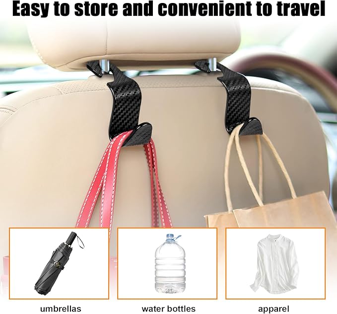 Ziciner 4 PCS Car Seat Headrest Hooks, Backseat Hangers Storage Organizer, Universal Car Accessories for Purse Grocery Bags Coats (Black Carbon Fiber)