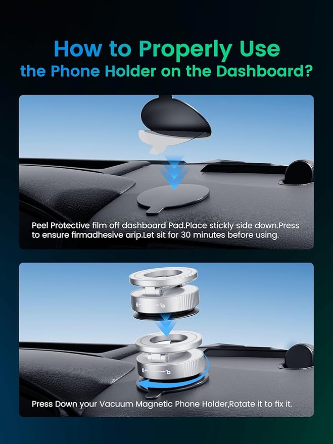 Vacuum Magnetic Phone Holder for MagSafe,Foldable Metal Suction Cup Phone Mount,360° Rotatable Phone Mount for All Smartphones & All Car Models-Silver