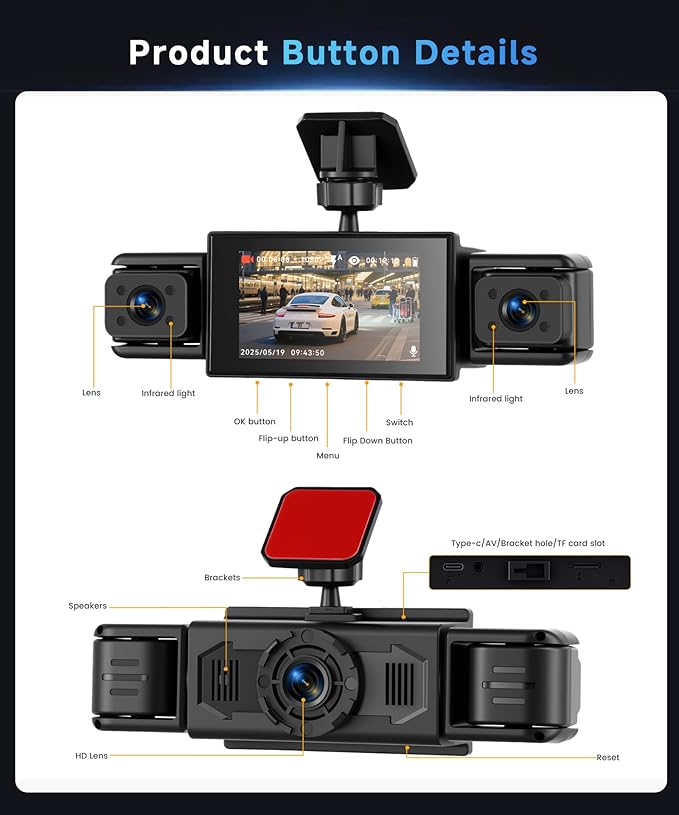 360° Dash Cam Front and Rear Inside Left Right, 3 Inch 4 Channel FHD 1080P Dash Cam for Cars, IPS Dashcams with Night Vision, Loop Recording, 24H Parking Mode Monitor, Reverse View