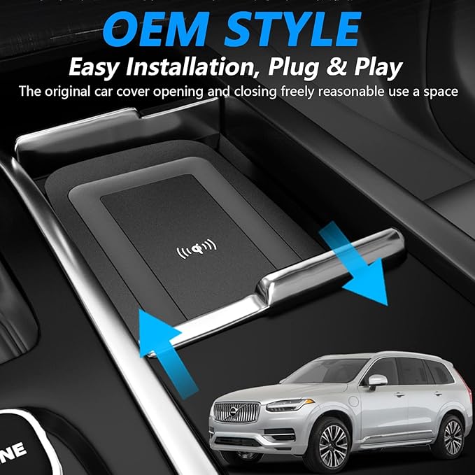 Wireless Car Charger for Volvo XC90 XC60 S90 S60 V90 V60 2017-2022 Hybrid SPA Accessories, 15W Fast Charging Phone Charger Pad with QC3.0 USB Port for iPhone 12/13/13 Pro Galaxy S22/S21
