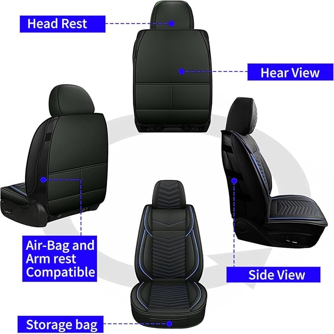 Car Seat Covers, Breathable and Waterproof Leather Seat Covers for Cars, Universal Anti-Slip Driver Seat Cover for Most SUV Pick-up Truck Sedan (2 PCS Front Seat, Black + Blue)