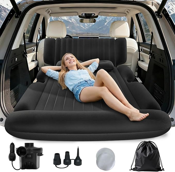 SUV Air Mattress - Thickened Car Air Mattress with Electric Pump, Portable Inflatable Car Bed with 2 Pillows, Camping Mattress Back Seat for SUV Trunk, Travel, Home (Black)
