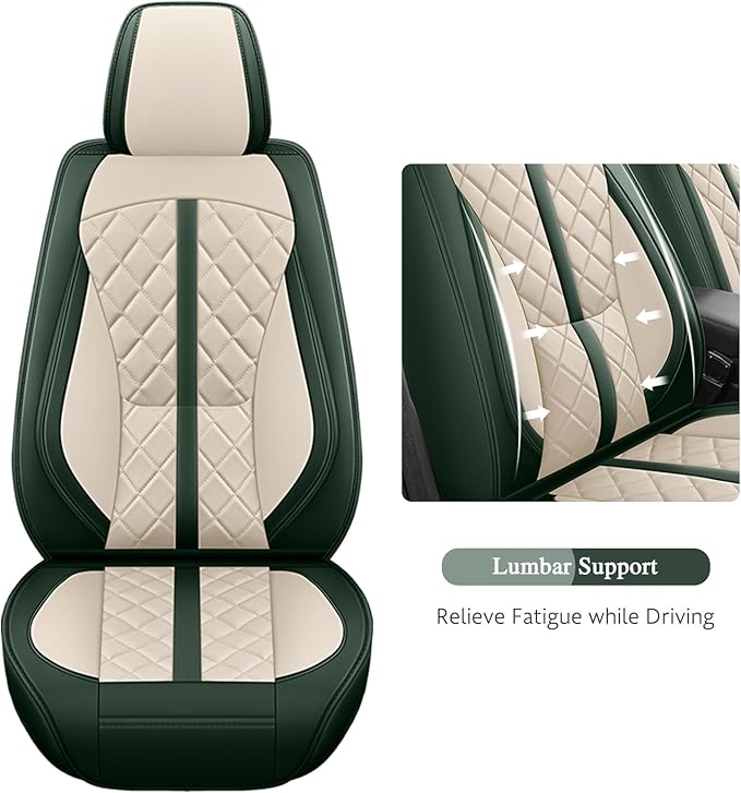 otoez Green Car Seat Covers Full Set, Universal Nappa Leather Seat Cover 5 Seat Waterproof & Breathable Automotive Seat Protector Full Coverage for Cars Sedens, Trucks, SUVs, Vans (White & Green)