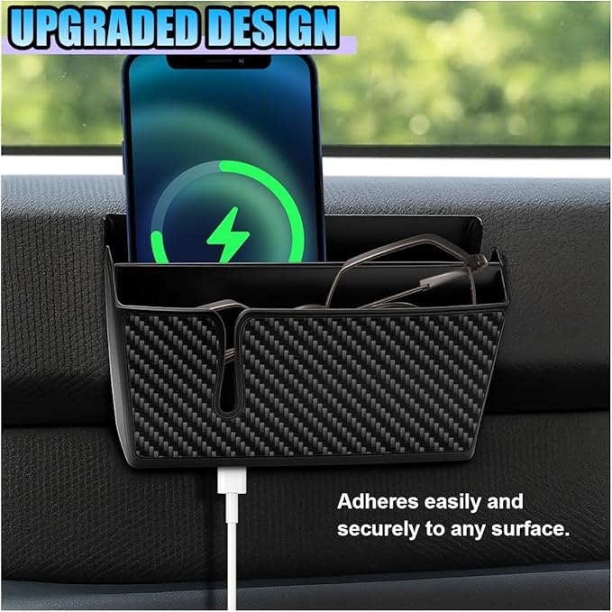 Universal Carbon Fiber Car Storage Box - Multifunctional Cell Phone Holder Auto Dashboard Pocket Organizer with Sticky - Car Interior Accessories for Storing Phone Card Key Pen Coin (Long)