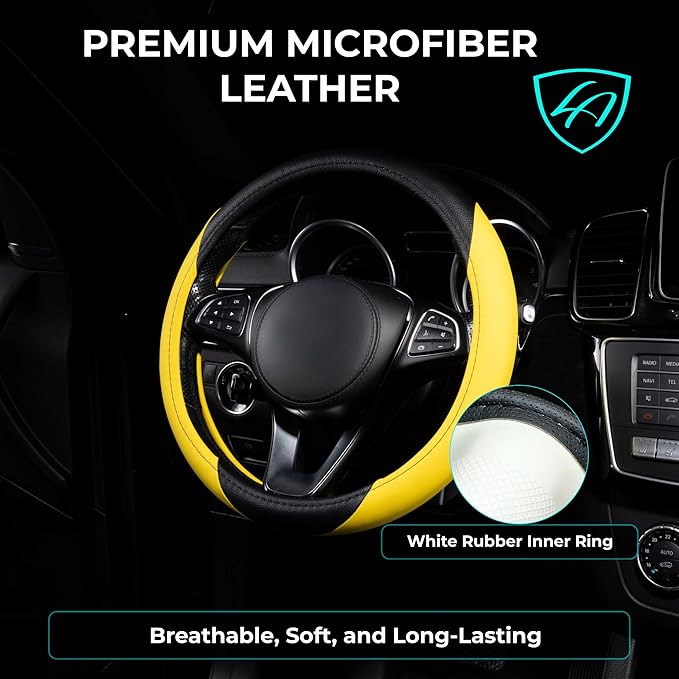 Lord Autofashion Steering Wheel Cover – PU Leather, Non-Slip Rubber Inner, All-Season Comfort – 14.5–15 Inch (Black/Yellow 7414)