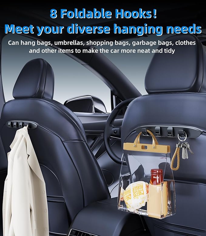 2 Pack Car Seat Hooks for Tesla Model 3(Highland) Model Y(Juniper) Accessories 2026 2025 2024 2023 2022 2021, Foldable Car Seat Headrest Hooks for Purses Bags Hang Grocery Seat Back Organizer