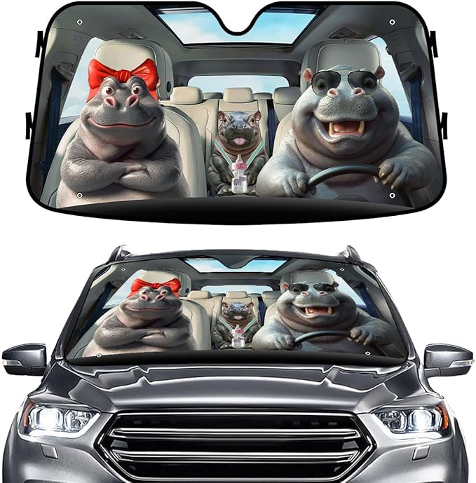 GENANY Funny Hippo Windshield Sun Shade for Car SUV Truck (55x30 Inches), Sun Shade Windshield, Shades for Front Windows, Protector Blocks UV, Xmas Auto Gift, Spring Car Decor