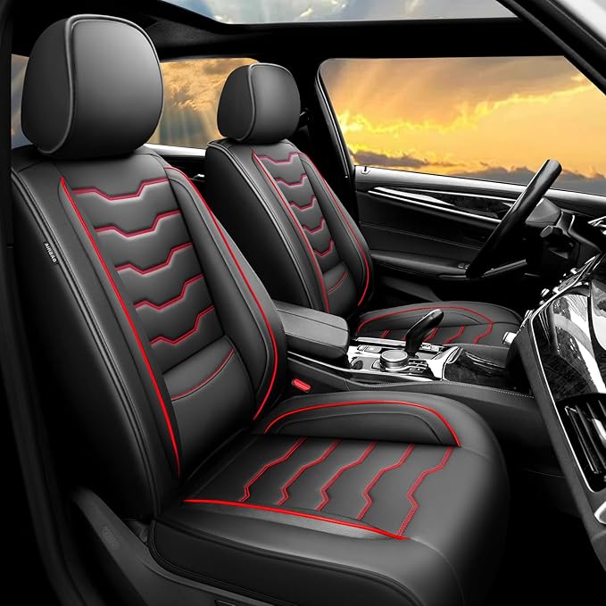 Fit Juke Car Seat Covers Compatible with Nissan Juke 2012-2015 2016 - Full Set Premium Leather， Waterproof Breathable， All-Weather Seat Cushion Protecto&Airbag Compatible（Red Line Black