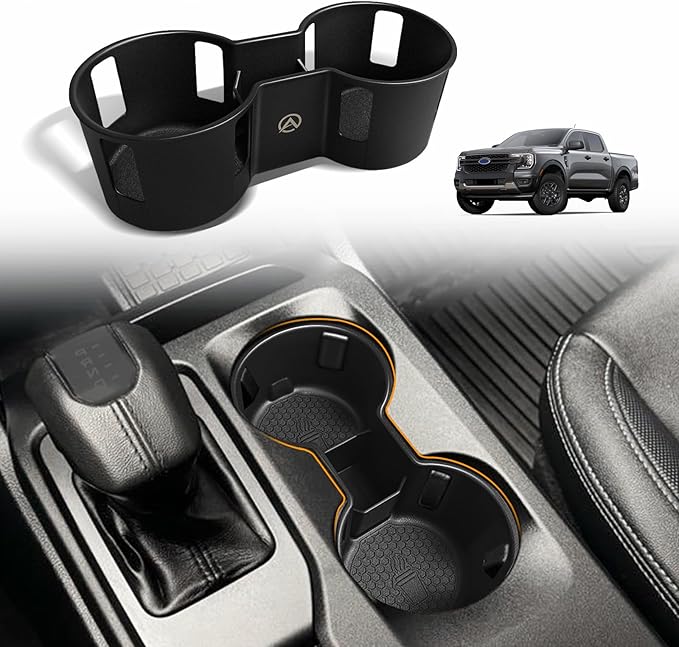Muslogy Center Console Cup Holder Inserts Compatible with 2024 2025 2026 Ford Ranger Accessories Middle Console Drink Holder Silicone Black Organizer Non-Slip Drink Stopper