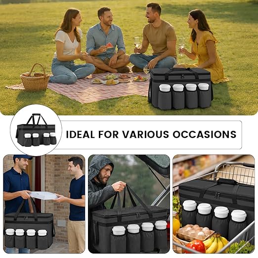 CIVJET Insulated Food Delivery Bag with 4 Cup Holder and Bottom Support, XXX-Large Insulated Grocery Bags Keep Food Hot/Cold, Cooler Bags with Drink Carrier, Food Carrier Catering Bag for Events,Black