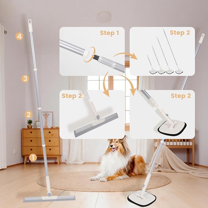 Pet Hair Remover for Cat & Dog, Reusable Pet Hair Removal Tool with Adjustable Long Handle for Pet Fur on Carpet Stair Couch, Electrostatic Carpet Rake Brush Squeegee for Floor & Glove 3 in 1