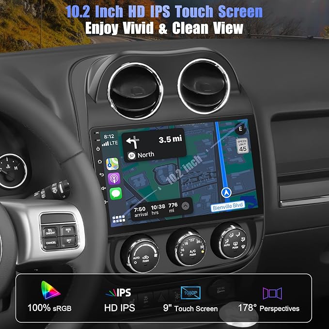 8 Core +64GB Car Radio for Jeep Compass Patriot 2010-2016,10.2 Inch QLED Touchscreen with Carplay&Android Auto,Support Bluetooth,Back-up Camera,FM Radio,SWC,GPS Navigation