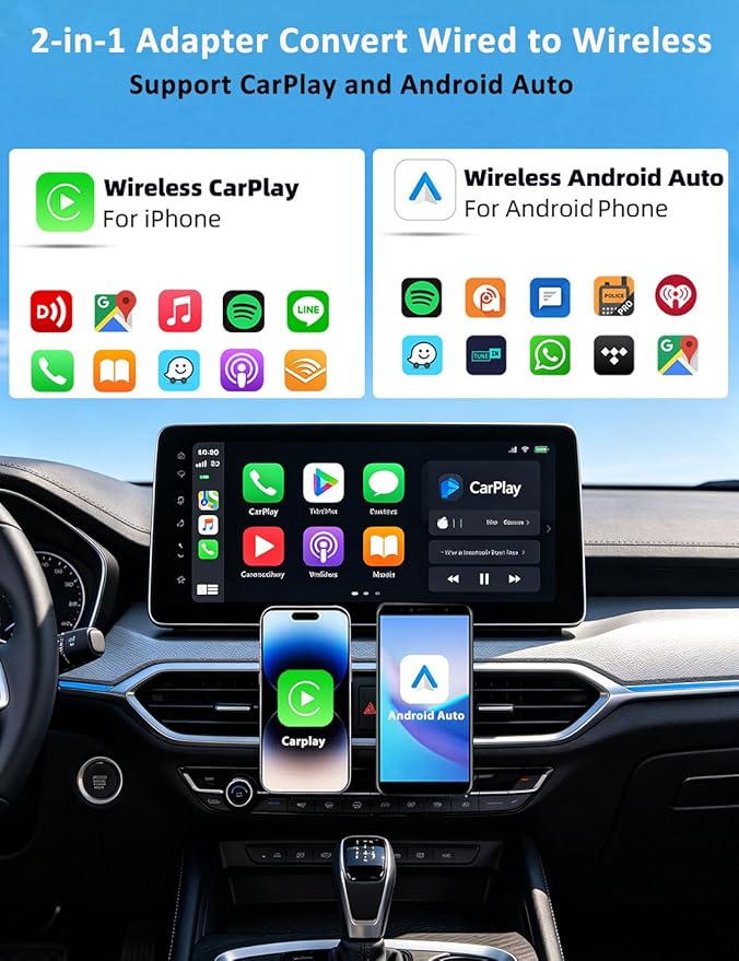 Kairiyard Wireless CarPlay Adapter for iPhone and Android Auto, 2-in-1 Convert Wired to Wireless Car Play Adapter, Plug and Play, No Latency, Fast and Stable Auto Connect, with USB/USB-C