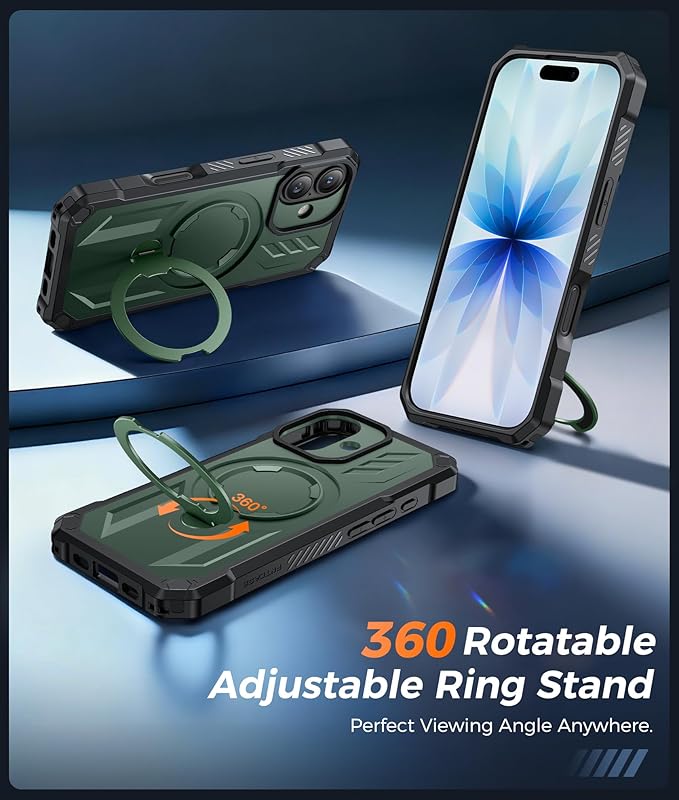 FNTCASE for iPhone 17 Phone Case: [360 Spin Magnetic Ring Kickstand] [Compatible for MagSafe] [Screen Protector] Heavy Duty Military Grade Protection Protective Phone Case with Stand Green
