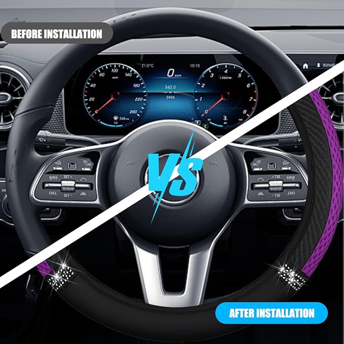Bling Car Steering Wheel Cover, 15 Inch Elastic Stretch Crystal Rhinestone Vehicle Steering Wheel Protector, Anti-Slip Auto Interior Protective Cover, Universal for SUV RV Truck (Purple)