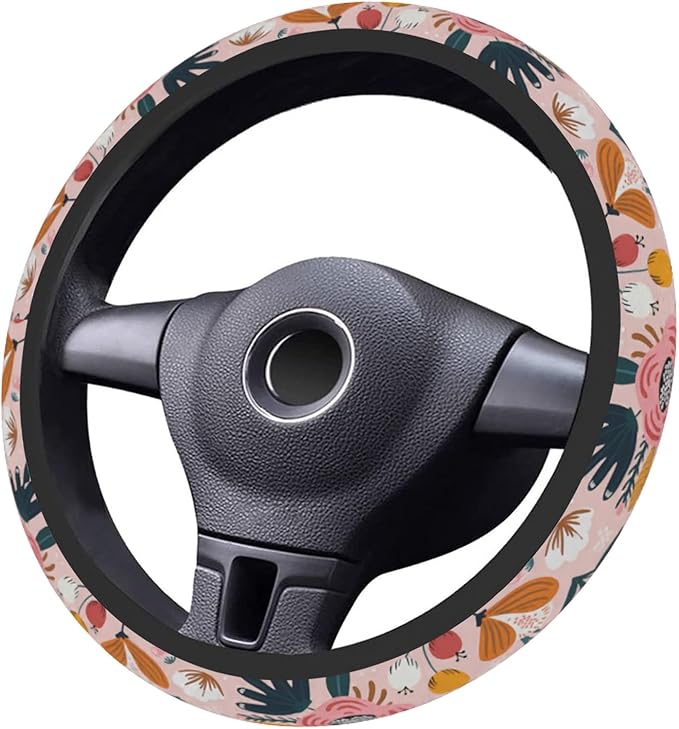 Car Steering Wheel Cover for Women Men, Non-Slip Pink Floral Steering Wheel Protector, Universal 14"-15" Fit for Cars, SUVs, Trucks (Pink Floral)