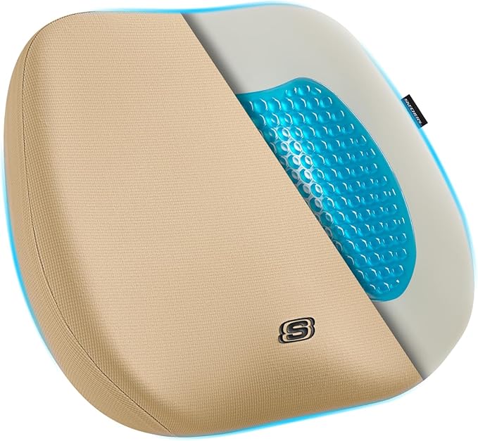 Skechers Seat Cushion Premium Gel & Memory Foam-Office Chair Cushion for Tailbone Pain Relief,Butt Pillow for Office Chair,Car seat Cushion,Long Sitting Office Workers,and Car Drivers,Beige