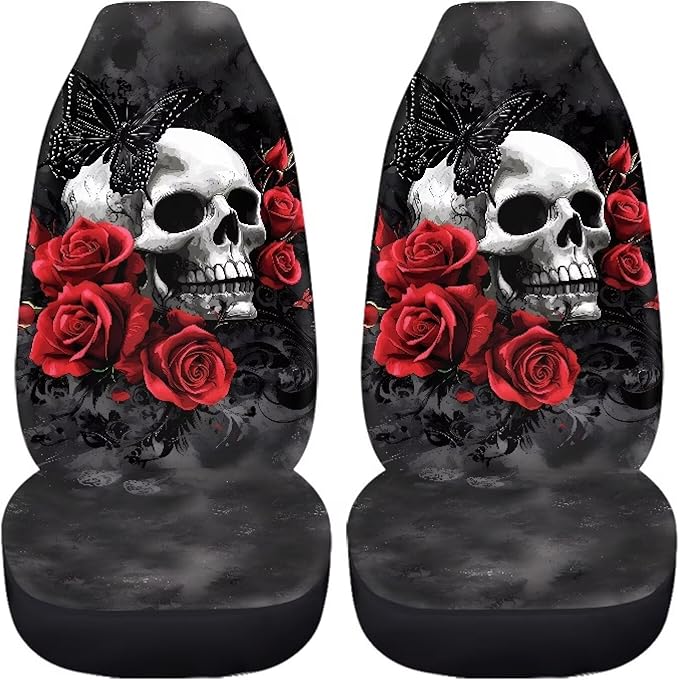 Skull Red Rose Car Seat Covers Set of 2 Breathable Front Seat Covers Stretch Polyester Fabric Cover Soft Front Seat Cover Universal Fit for Auto Truck Van SUV