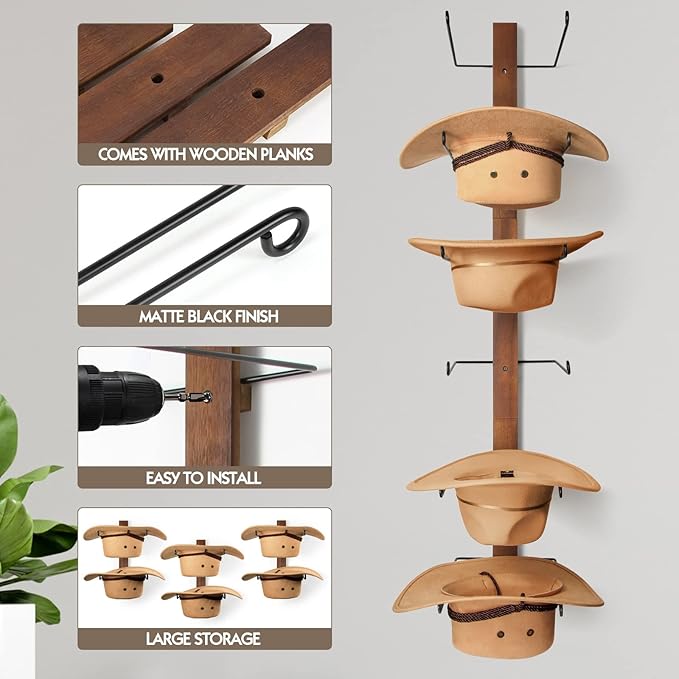 Cowboy Hat Holder, 3-Piece Wall Mount Cowboy Hat Rack for Wall Holds up to 6 Hats – Wooden + Metal Rustic Western DIY Hat Racks for Wall Storage and Home Décor