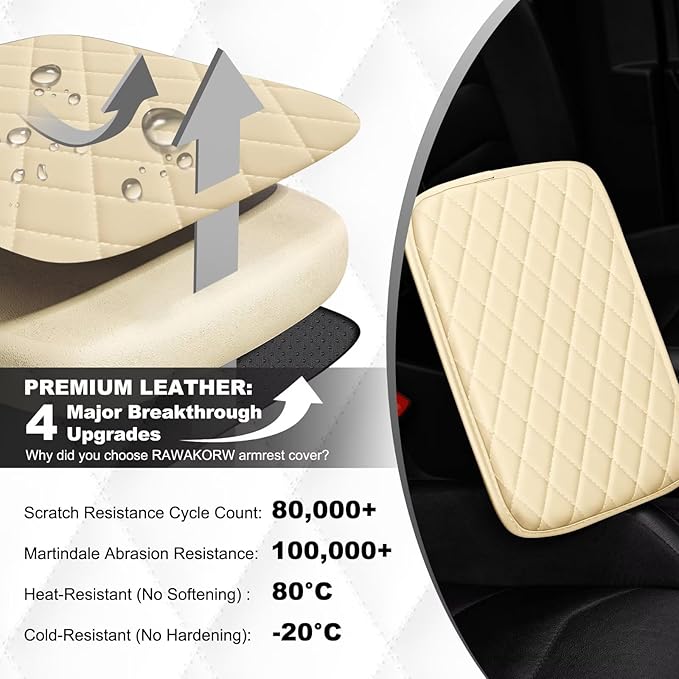 Upgraded Car Center Console Cover Fit for Avalon Faux Leather Car Armrest Cover Cushion with 2 Storage Bags,Car Armrest Storage Box Interior Accessories(Beige&Whiteline)