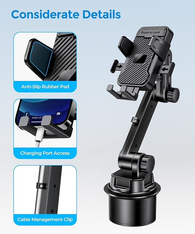 Cup Phone Mount for Car, Cup Holder,Universal Cup Phone Cradle Holder with Long and Adjustable Neck, Fits iPhone/Samsung/Motorola/Google/LG/TCL & 4.0-7.0 Inch Smartphones