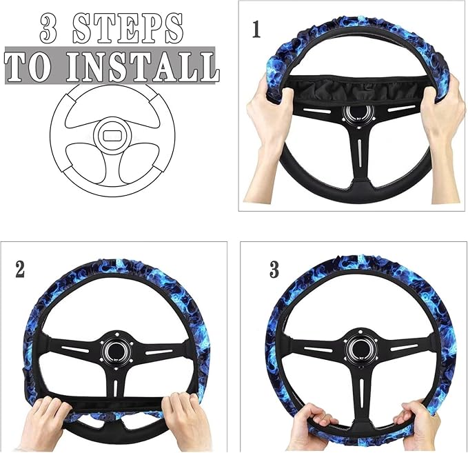 AFPANQZ Skull Blue Flame Automotive Steering Wheel Covers Universal Fit 14 to 15 inch Steering Wheel Covers with Cloth for Women Keep Warm Comfort Grip Sweat Absorption Neoprene