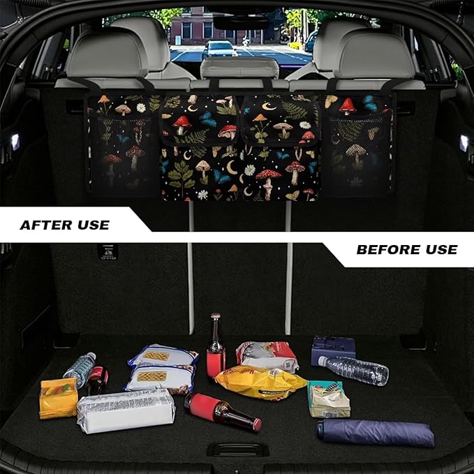 Mushroom Trunk Organizer Women Small SUV Trunk Organizers and Storage, Machine Washable Car Travel Accessories with 4 Pockets Are Deep Enough That Things Won't Sag or Fall Out