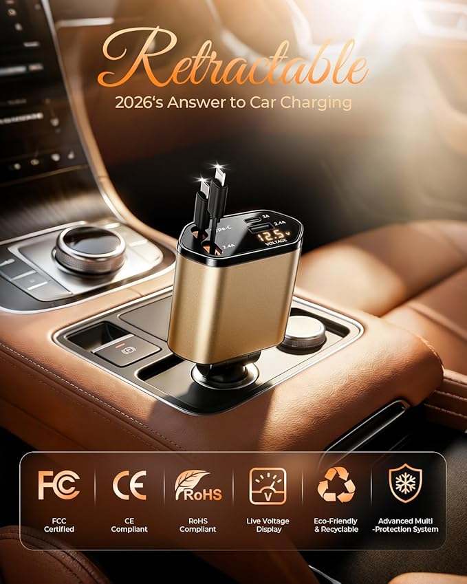 2026 MimAuto 4 in 1 Retractable Car Charger, Car Charger USB C Fast Charger, Car Charger for iPhone 17/16/15/14/13, Samsungs, Tablets, Dash cams, Switch, Gold Car Accessories for Men Women