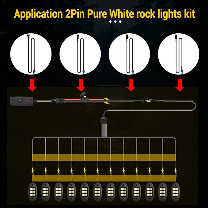 Hovano 4 PCS 60 inch/150cm 2Pin Pure White LED Rock Lights Kit Extension Wire Cable Cord 6/8/12/16/20Pods White Rock Light Kit, Underglow Neon Lights for Trailer Off Road SUV Car
